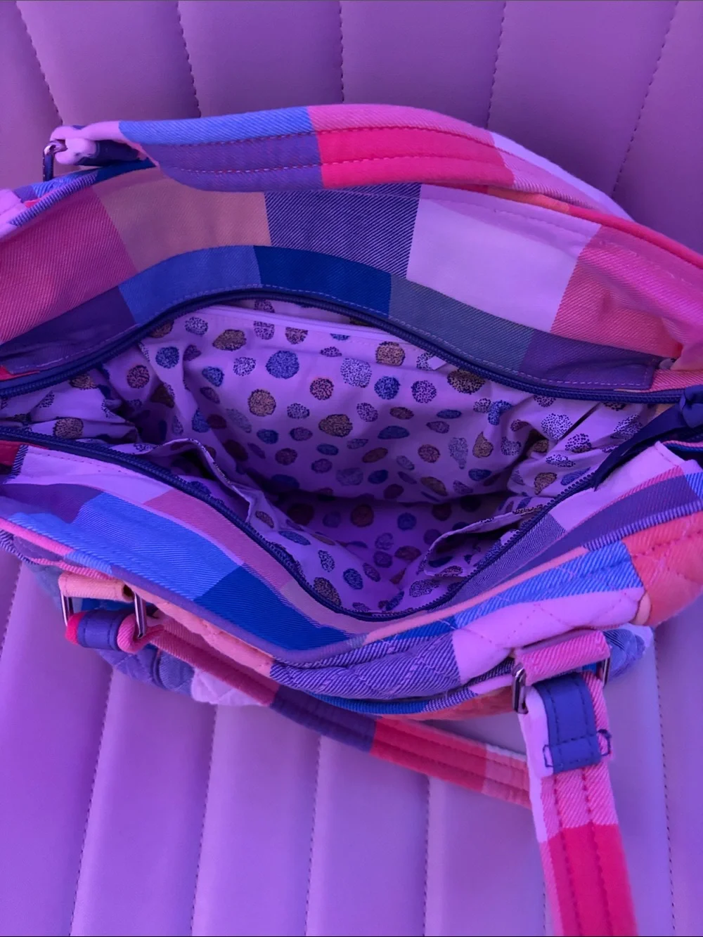 Vera Bradley Rainbow Plaid Quilted Tote in Pink, Blue, Purple